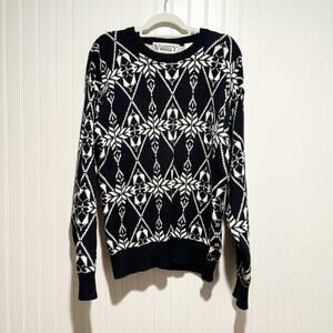 Varsity Navy Blue White Cotton Snowflake Nordic Sweater Size Medium